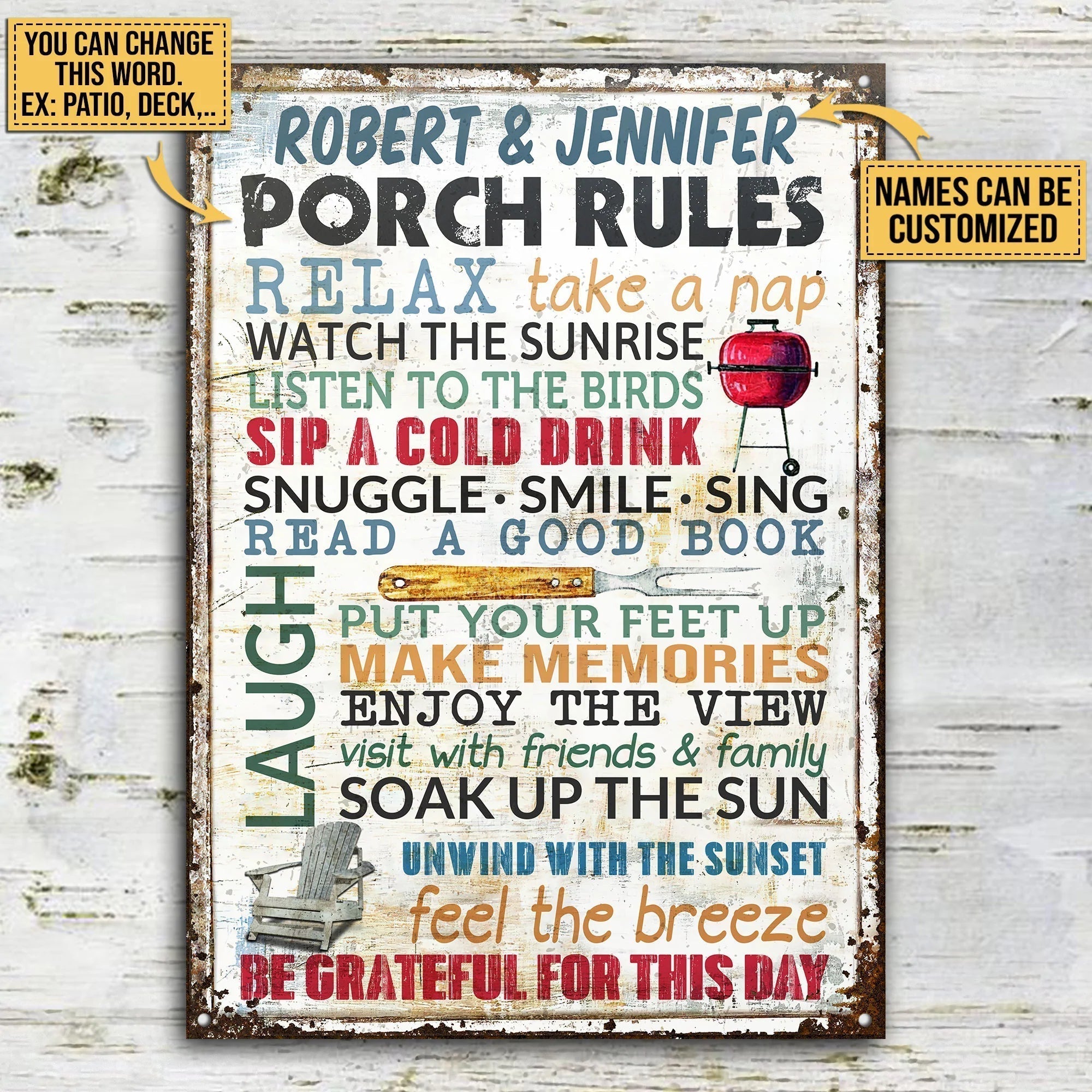 Personalized Metal Sign Porch Rules Relax Sunshine CTM One Size 24x18 inch (60.96x45.72 cm) Custom - Printyourwear