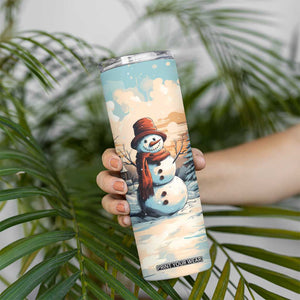 Personalized Retro Snowman Skinny Tumbler Classic Holiday Style with Winter Cabin and Snowy Scene TS04 Print Your Wear