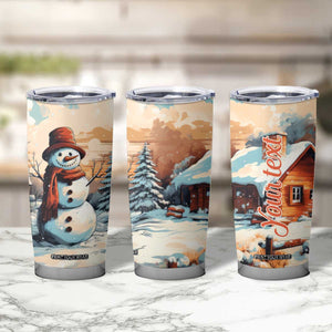 Personalized Retro Snowman Tumbler Cup Classic Holiday Style with Winter Cabin and Snowy Scene TS04 Print Your Wear