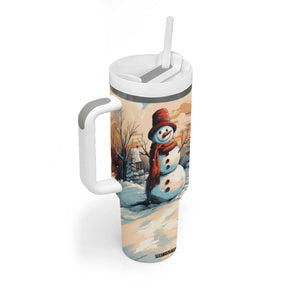 Personalized Retro Snowman Tumbler With Handle Classic Holiday Style with Winter Cabin and Snowy Scene TS04 Print Your Wear