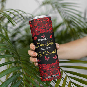 Personalized Skull Couple Skinny Tumbler with From Our First Kiss Till Our Last Breath Romantic Theme TS04 Print Your Wear