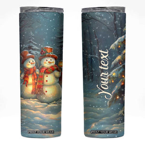 Personalized Snowman Couple Skinny Tumbler Winter Love Illustration with Lanterns and Christmas Tree TS04 Multicolor Print Your Wear