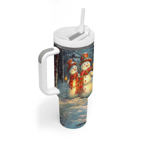 Personalized Snowman Couple Tumbler With Handle Winter Love Illustration with Lanterns and Christmas Tree TS04 Print Your Wear