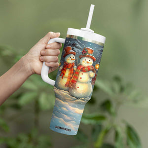 Personalized Snowman Couple Tumbler With Handle Winter Love Illustration with Lanterns and Christmas Tree TS04 Print Your Wear