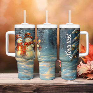 Personalized Snowman Couple Tumbler With Handle Winter Love Illustration with Lanterns and Christmas Tree TS04 Print Your Wear