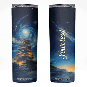 Personalized Stack of Glowing Books Skinny Tumbler Under Starry Night Sky Fantasy Style TS04 Multicolor Print Your Wear