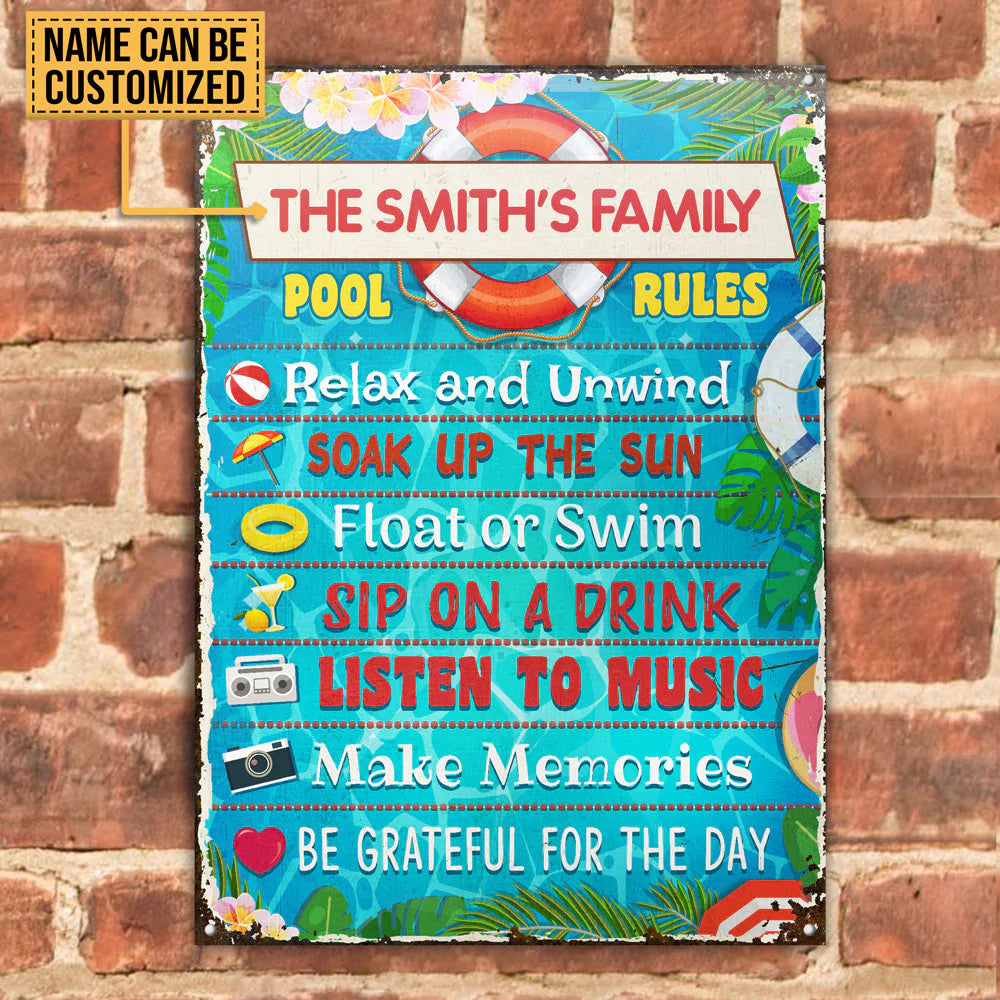 Personalized Metal Sign Swimming Pool Rules Relax CTM One Size 24x18 inch (60.96x45.72 cm) Custom - Printyourwear