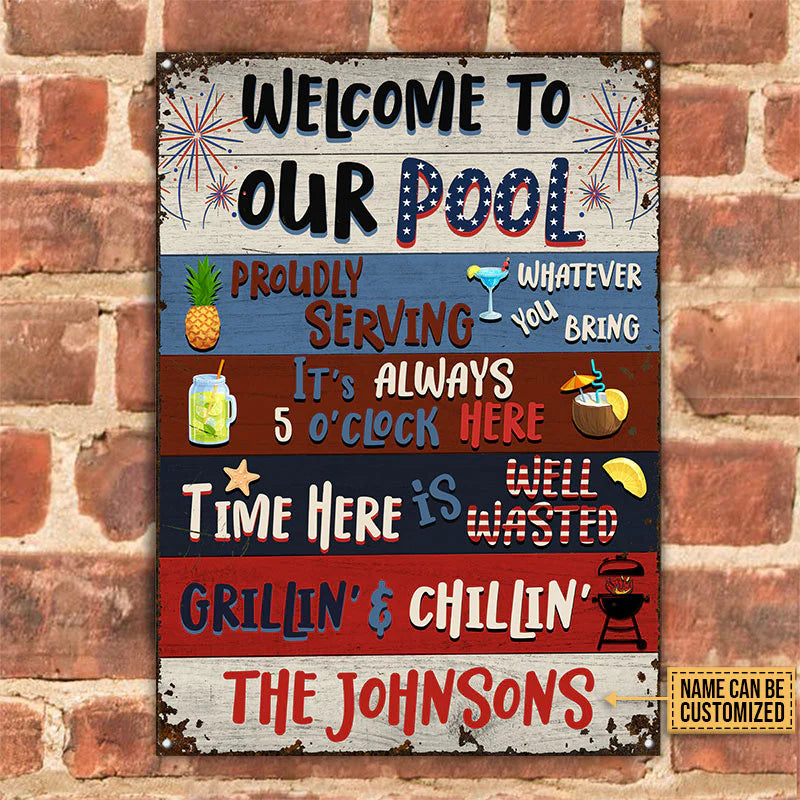 Personalized Metal Sign Swimming Pool Stars and Stripes Welcome CTM One Size 24x18 inch (60.96x45.72 cm) Custom - Printyourwear