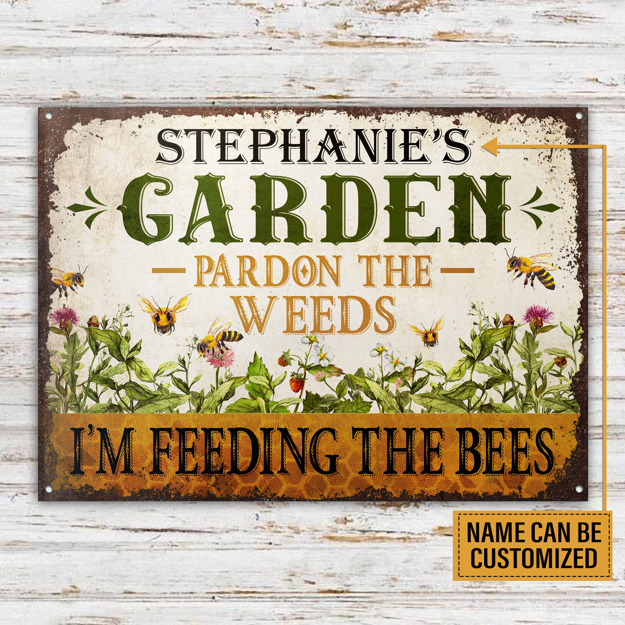 Personalized Metal Sign Bee Garden Pardon The Weeds Feeding CTM One Size 24x18 inch (60.96x45.72 cm) Custom - Printyourwear