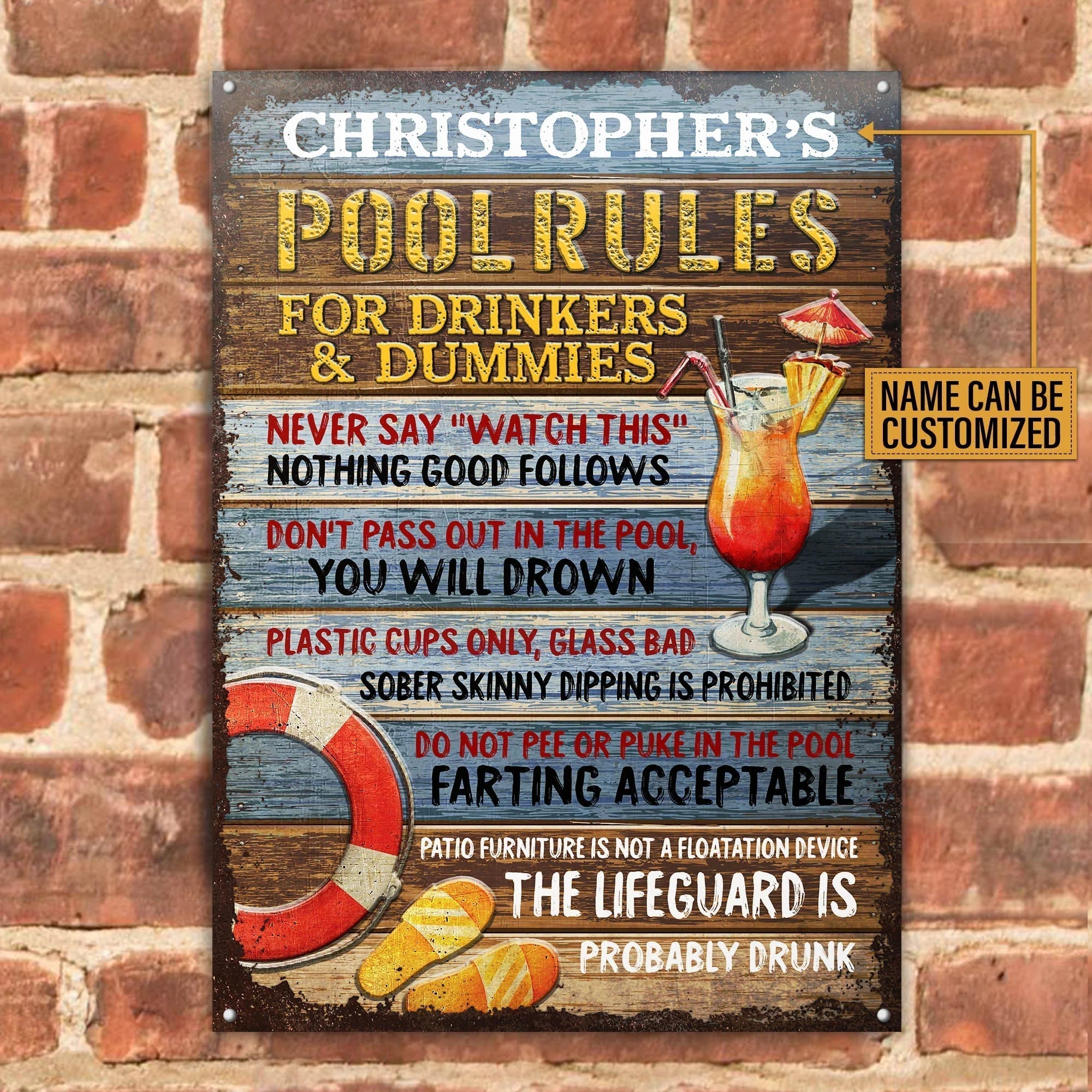 Personalized Metal Sign Pool Rules For Drinkers CTM One Size 24x18 inch (60.96x45.72 cm) Custom - Printyourwear
