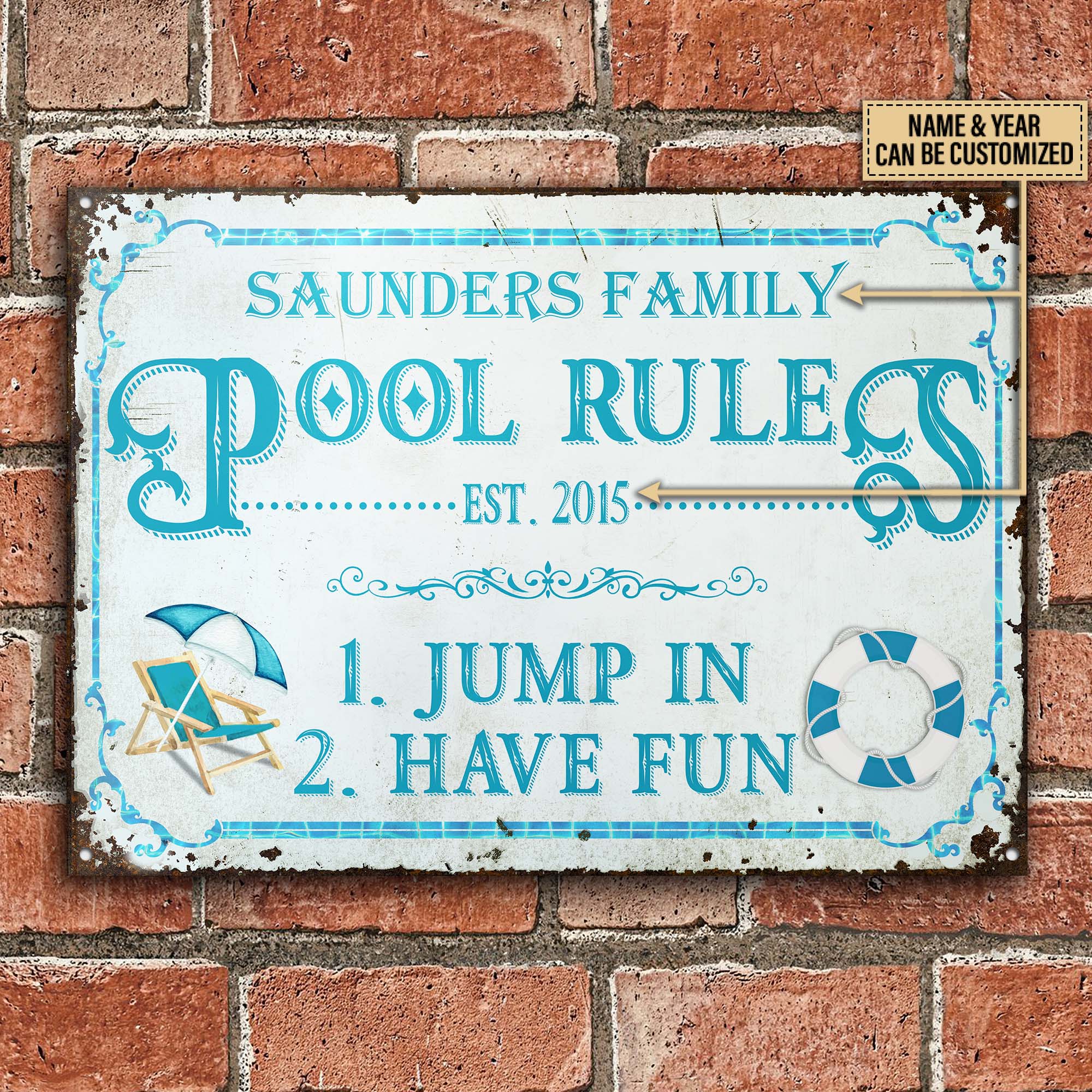 Personalized Metal Sign Swimming Pool Rules Jump In Have Fun CTM One Size 24x18 inch (60.96x45.72 cm) Custom - Printyourwear