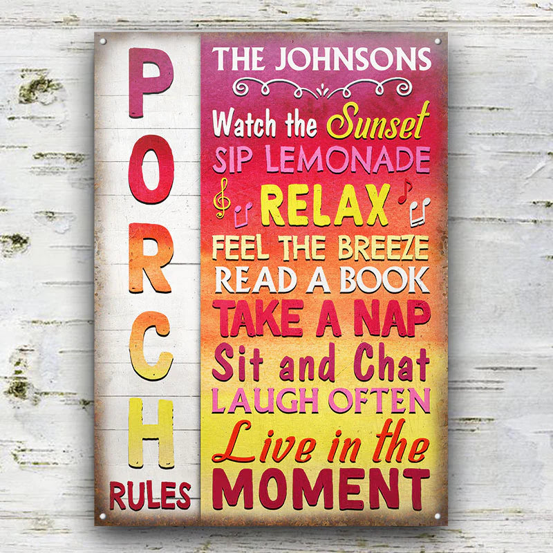 Personalized Metal Sign Porch Rules Watch The Sunset CTM One Size 24x18 inch (60.96x45.72 cm) Custom - Printyourwear