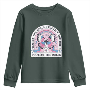 Protect The Dolls Youth Sweatshirt Trans Women Pride Month Butterfly TS11 Dark Forest Green Print Your Wear