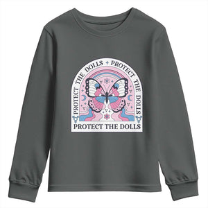Protect The Dolls Youth Sweatshirt Trans Women Pride Month Butterfly TS11 Dark Heather Print Your Wear