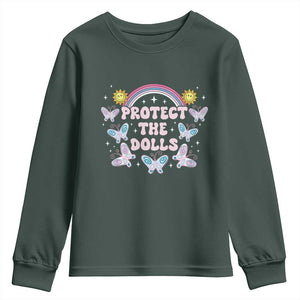 Protect The Dolls Youth Sweatshirt Trans Women Pride Month Retro Groove Butterfly TS11 Dark Forest Green Print Your Wear