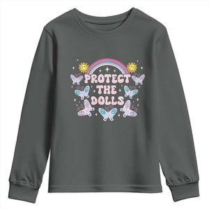 Protect The Dolls Youth Sweatshirt Trans Women Pride Month Retro Groove Butterfly TS11 Dark Heather Print Your Wear