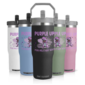 Purple Up For Military Kids Flip Straw Tumbler Military Child Month Dinosaur American Flag TS02 Print Your Wear