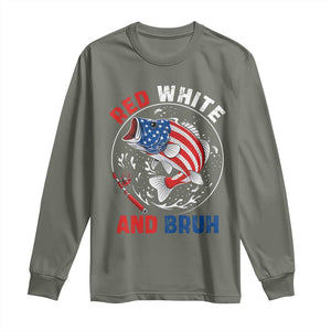 Red White And Bruh Fishing Long Sleeve Shirt Funny Patriotic Bass 4th Of July American Flag TS02 Military Green Print Your Wear