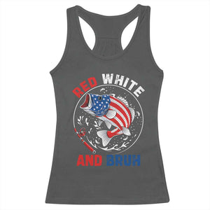 Red White And Bruh Fishing Racerback Tank Top Funny Patriotic Bass 4th Of July American Flag TS02 Dark Heather Print Your Wear