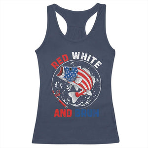 Red White And Bruh Fishing Racerback Tank Top Funny Patriotic Bass 4th Of July American Flag TS02 Navy Print Your Wear