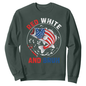 Red White And Bruh Fishing Sweatshirt Funny Patriotic Bass 4th Of July American Flag TS02 Dark Forest Green Print Your Wear