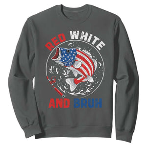 Red White And Bruh Fishing Sweatshirt Funny Patriotic Bass 4th Of July American Flag TS02 Dark Heather Print Your Wear