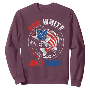 Red White And Bruh Fishing Sweatshirt Funny Patriotic Bass 4th Of July American Flag TS02 Maroon Print Your Wear