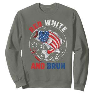 Red White And Bruh Fishing Sweatshirt Funny Patriotic Bass 4th Of July American Flag TS02 Military Green Print Your Wear