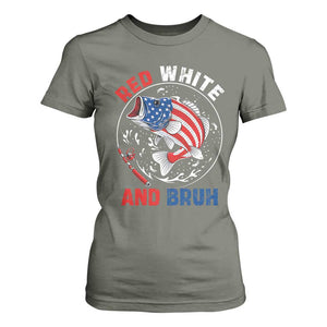 Red White And Bruh Fishing T Shirt For Women Funny Patriotic Bass 4th Of July American Flag TS02 Military Green Print Your Wear