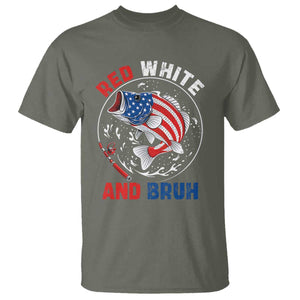 Red White And Bruh Fishing T Shirt Funny Patriotic Bass 4th Of July American Flag TS02 Military Green Print Your Wear
