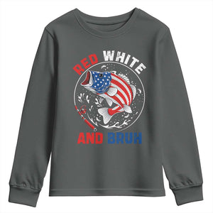 Red White And Bruh Fishing Youth Sweatshirt Funny Patriotic Bass 4th Of July American Flag TS02 Dark Heather Print Your Wear