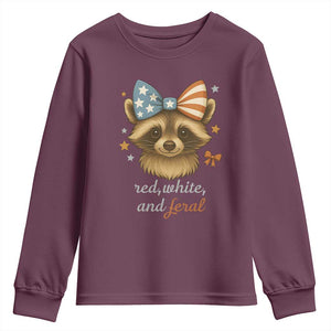 Red White and Feral Raccoon Youth Sweatshirt Funny Patriotic Animal 4th of July TS02 Maroon Print Your Wear