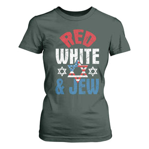 Red White and Jew T Shirt For Women Funny Jewish Patriotic 4th of July Star Of David TS02 Dark Forest Green Print Your Wear