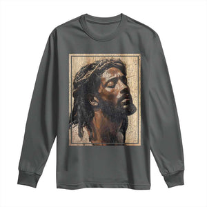 Religious Black Jesus With Crown Of Thorns Long Sleeve Shirt TS11 Dark Heather Print Your Wear
