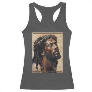 Religious Black Jesus With Crown Of Thorns Racerback Tank Top TS11 Dark Heather Print Your Wear