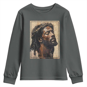 Religious Black Jesus With Crown Of Thorns Youth Sweatshirt TS11 Dark Heather Print Your Wear