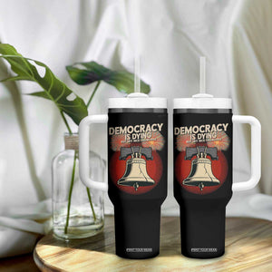 Retro 4th of July Liberty Bell Tumbler With Handle Democracy Is Dying But Hey Nice Fireworks Political Satire TS02 Print Your Wear