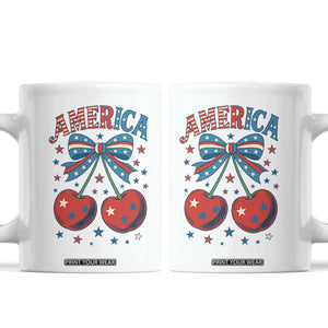 Retro Americana Cherries and Stars Coquette Bow Coffee Mug America Cute Patriotic 4th Of July US TS02 White Print Your Wear