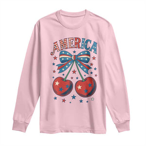 Retro Americana Cherries and Stars Coquette Bow Long Sleeve Shirt America Cute Patriotic 4th Of July US TS02 Light Pink Print Your Wear