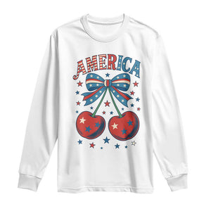 Retro Americana Cherries and Stars Coquette Bow Long Sleeve Shirt America Cute Patriotic 4th Of July US TS02 White Print Your Wear