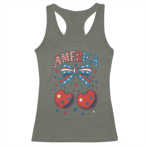Retro Americana Cherries and Stars Coquette Bow Racerback Tank Top America Cute Patriotic 4th Of July US TS02 Military Green Print Your Wear