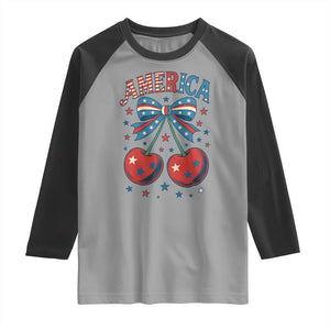 Retro Americana Cherries and Stars Coquette Bow Raglan Shirt America Cute Patriotic 4th Of July US TS02 Sport Gray Black Print Your Wear