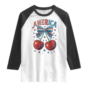 Retro Americana Cherries and Stars Coquette Bow Raglan Shirt America Cute Patriotic 4th Of July US TS02 White Black Print Your Wear