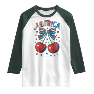 Retro Americana Cherries and Stars Coquette Bow Raglan Shirt America Cute Patriotic 4th Of July US TS02 White Dark Forest Green Print Your Wear