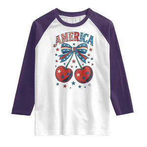 Retro Americana Cherries and Stars Coquette Bow Raglan Shirt America Cute Patriotic 4th Of July US TS02 White Purple Print Your Wear