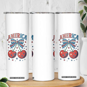 Retro Americana Cherries and Stars Coquette Bow Skinny Tumbler America Cute Patriotic 4th Of July US TS02 Print Your Wear