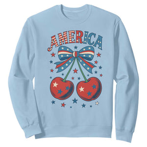 Retro Americana Cherries and Stars Coquette Bow Sweatshirt America Cute Patriotic 4th Of July US TS02 Light Blue Print Your Wear