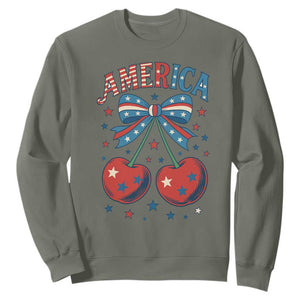 Retro Americana Cherries and Stars Coquette Bow Sweatshirt America Cute Patriotic 4th Of July US TS02 Military Green Print Your Wear