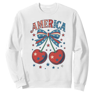 Retro Americana Cherries and Stars Coquette Bow Sweatshirt America Cute Patriotic 4th Of July US TS02 White Print Your Wear