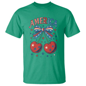 Retro Americana Cherries and Stars Coquette Bow T Shirt America Cute Patriotic 4th Of July US TS02 Irish Green Print Your Wear